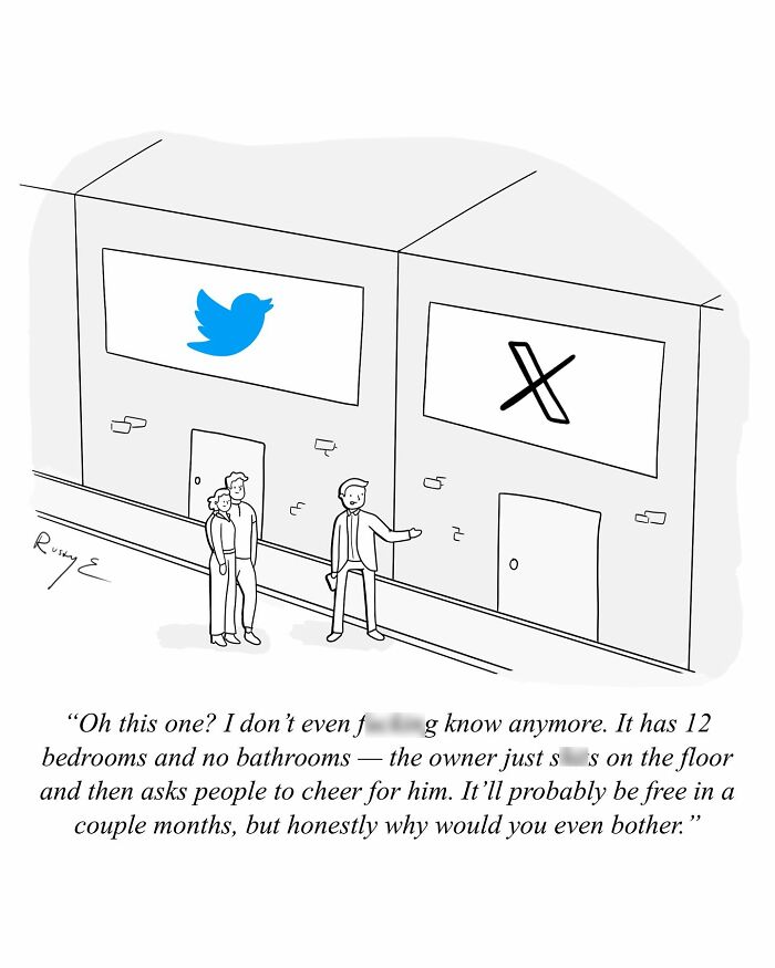 One-panel comic by Rusty humorously depicting the confusion and weirdness of social media platforms Twitter and X.