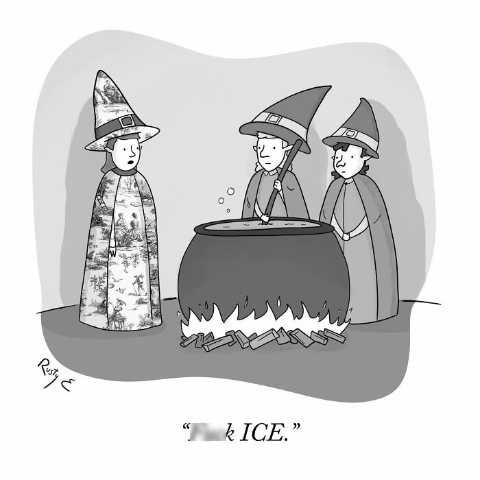 One-panel comic by Rusty featuring three witches around a cauldron, showcasing the weird and funny side of life.