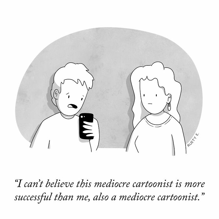 Two characters in a one-panel comic by Rusty, humorously discussing success and mediocrity in cartooning.