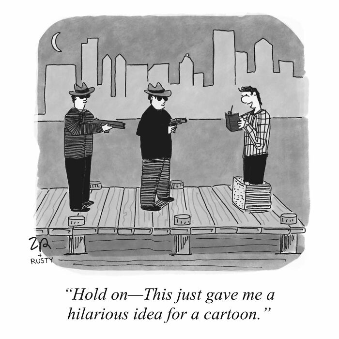 One-panel comic by Rusty showing two armed men stopping a man holding a notebook on a dock at night.