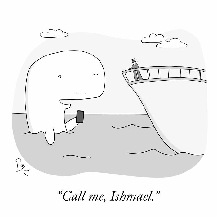 One-panel comic by Rusty showing a whale holding a phone near a ship, humorously referencing life moments.