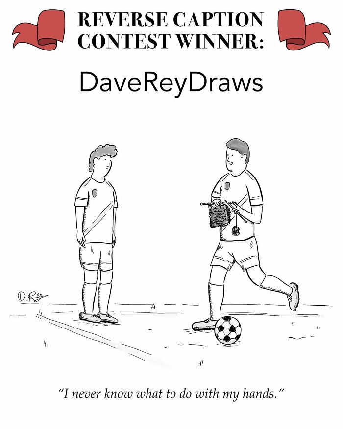 One-panel comic by Rusty showing two soccer players, one awkwardly knitting while the other watches, highlighting funny life moments.