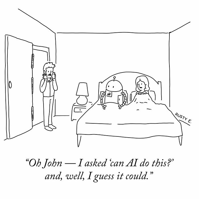 One-panel comic by Rusty showing a robot in bed with a woman, highlighting weird and funny life moments.