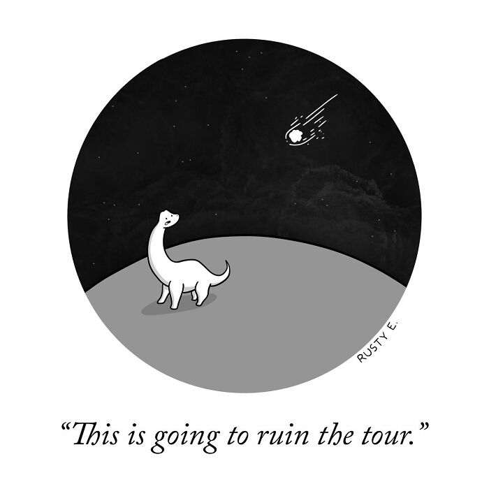 One-panel comic by Rusty showing a worried dinosaur watching a comet in the night sky, highlighting life's funny moments.