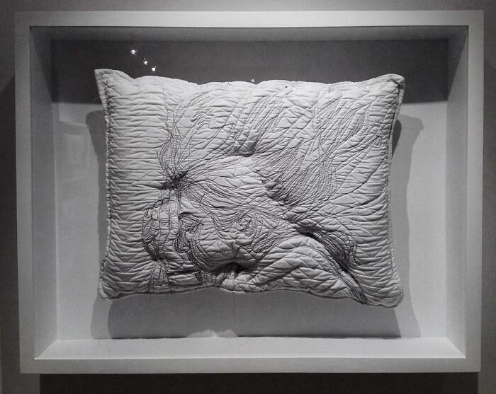 Embroidered pillow art by Maryam Ashkanian featuring intricate stitching that captures the beauty of sleep in a framed display.