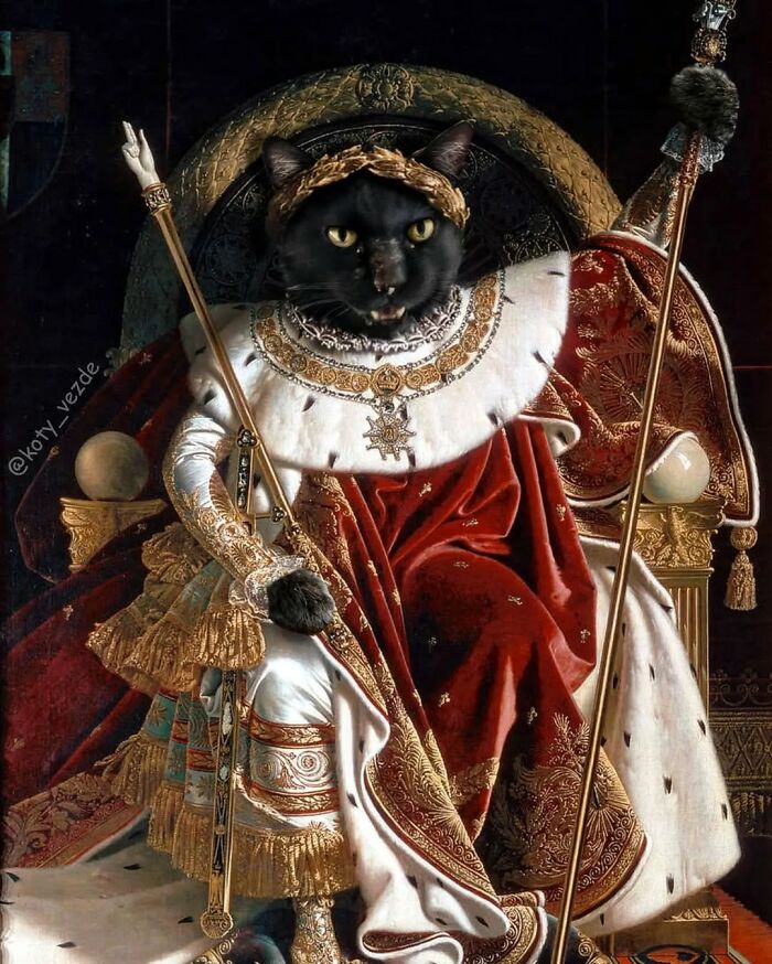 Black cat dressed as a majestic figure in elaborate royal robes and a crown, holding a scepter in a historical portrait style.