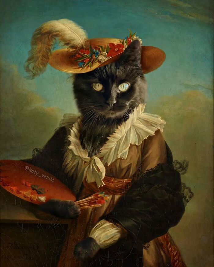 Black cat dressed as a historical figure holding a painter's palette and brushes in majestic portrait style.