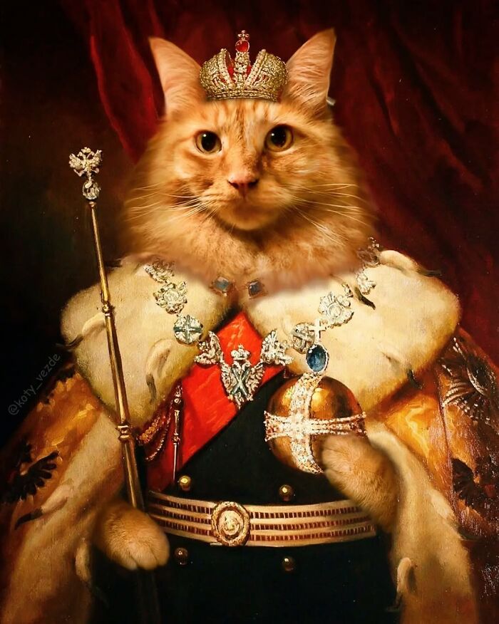 Majestic cat dressed in regal historical attire with crown and scepter, transformed into a noble figure in a portrait style.