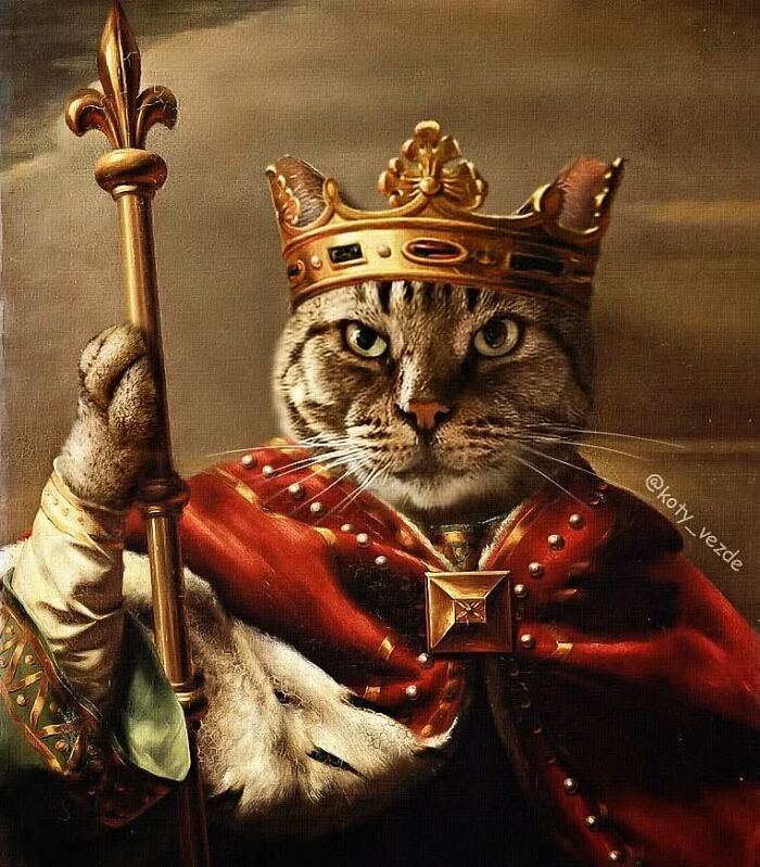 Majestic cat dressed as a king wearing a crown and royal robe, holding a scepter in a historical portrait style.