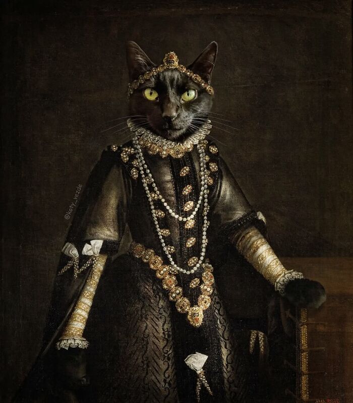 Black cat dressed in royal historical attire with pearls and jewels, transformed into a majestic figure in a historical portrait.