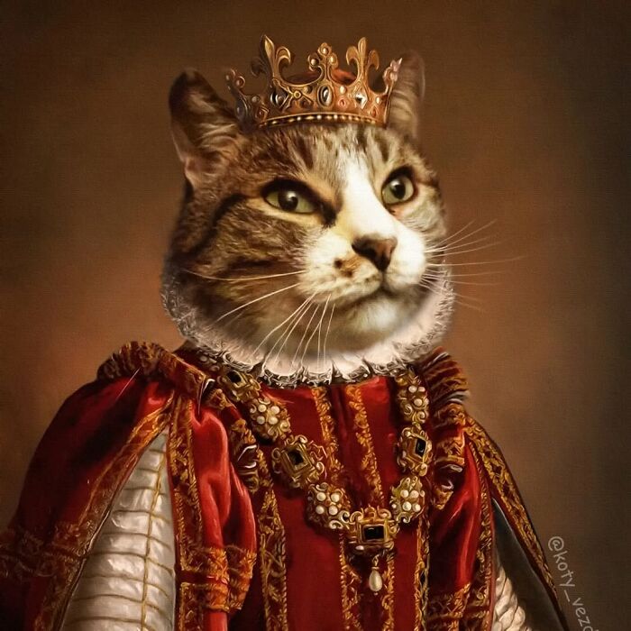 Tabby cat dressed in regal historical attire wearing a crown, transformed into a majestic figure in a vintage portrait style.