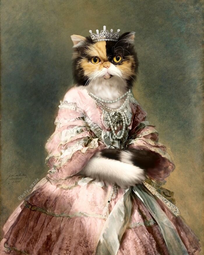 Cat transformed into majestic figure wearing a jeweled crown and ornate historical dress in a regal portrait style.