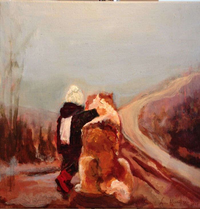 Impressionist pet portrait painting of child with dog, warm tones, created on 12 by 12 canvas, requiring two weeks to complete.