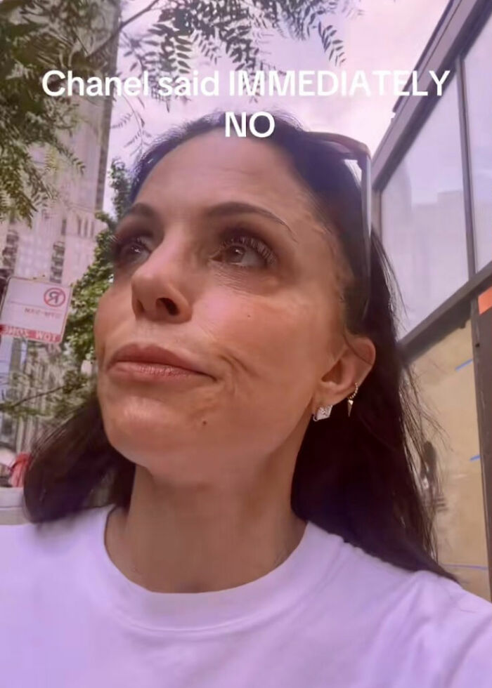 Bethenny Frankel outdoors with text about Chanel rejection, expressing frustration with brand after store denial. Bethenny Frankel outdoors with text about Chanel rejection, expressing frustration with brand after store denial.