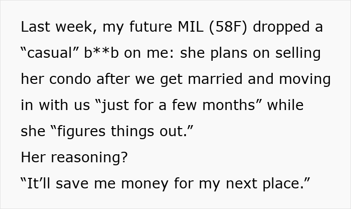 Text post describing a woman rejecting future mother-in-law’s temporary stay plans, facing backlash before marriage.