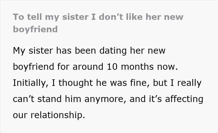 Person struggles with sister’s boyfriend being fake, debating whether to confront or stay silent about concerns. Person struggles with sister’s boyfriend being fake, debating whether to confront or stay silent about concerns.