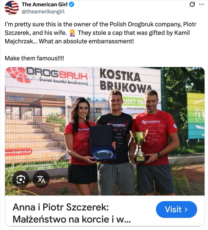 Polish CEO and wife pictured outdoors holding trophies amid US Open hat snatching controversy and Coldplay reference Polish CEO and wife pictured outdoors holding trophies amid US Open hat snatching controversy and Coldplay reference