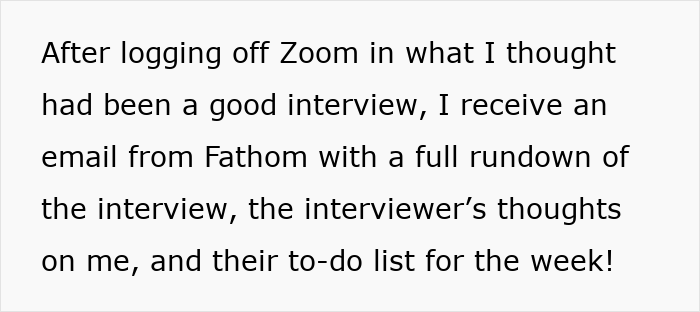 Text excerpt showing a woman receiving an email with interview feedback and an unexpected video file after her interview. Text excerpt showing a woman receiving an email with interview feedback and an unexpected video file after her interview.