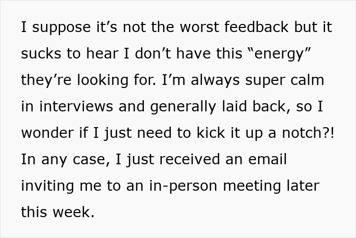 Screenshot of a woman’s email about getting invited to a second interview after an in-person meeting invite. Screenshot of a woman’s email about getting invited to a second interview after an in-person meeting invite.