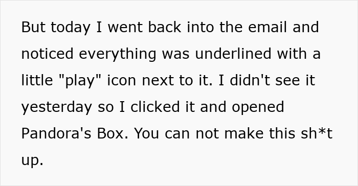 Text on screen describing a woman discovering a hidden video file in an email inviting her to a second interview. Text on screen describing a woman discovering a hidden video file in an email inviting her to a second interview.