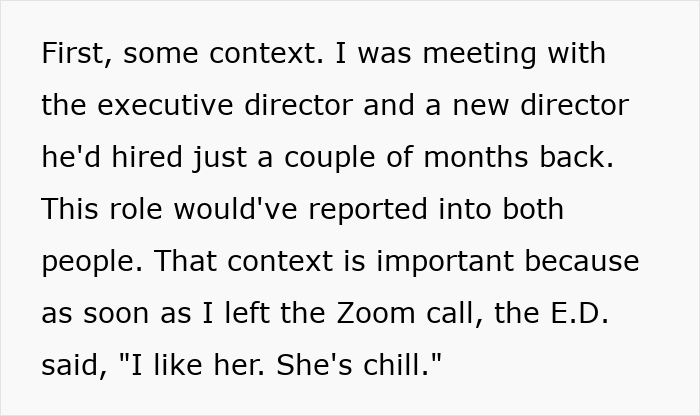 Text excerpt about a woman in a Zoom meeting with an executive director discussing a new director and job role context. Text excerpt about a woman in a Zoom meeting with an executive director discussing a new director and job role context.