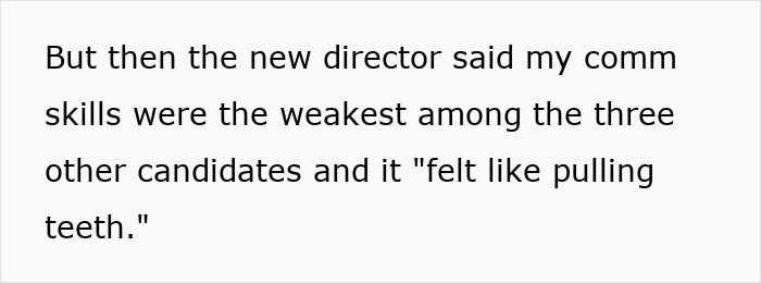 Text excerpt showing a woman reflecting on feedback about her communication skills during a second interview process. Text excerpt showing a woman reflecting on feedback about her communication skills during a second interview process.