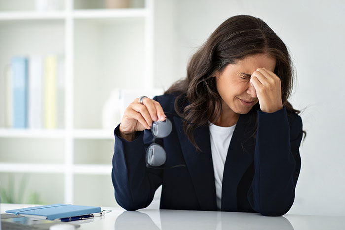 Woman stressed at desk holding glasses with eyes closed, reacting to unexpected email and video file on computer. Woman stressed at desk holding glasses with eyes closed, reacting to unexpected email and video file on computer.