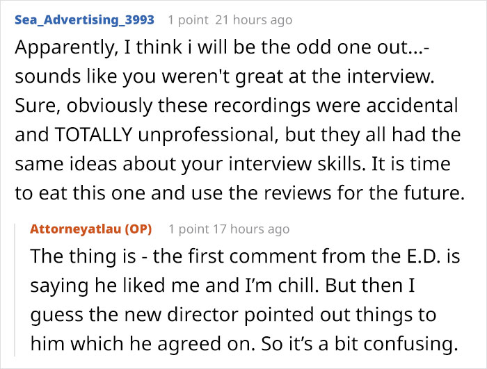 Screenshot of an online conversation discussing interview feedback after a woman receives a second interview email and an unexpected video file. Screenshot of an online conversation discussing interview feedback after a woman receives a second interview email and an unexpected video file.