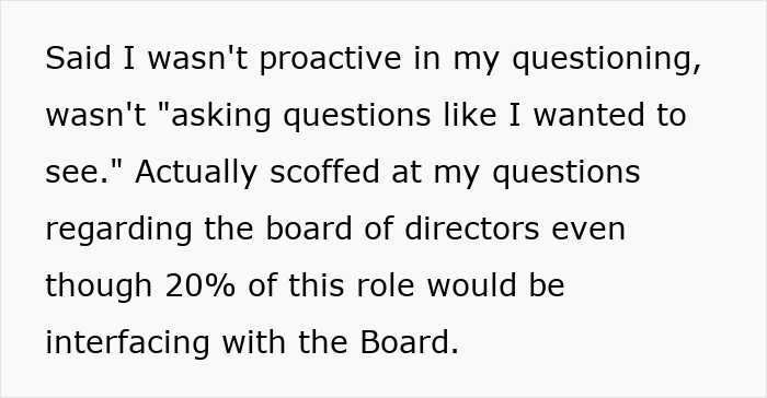 Text excerpt from woman’s email about not being proactive in questioning during second interview process. Text excerpt from woman’s email about not being proactive in questioning during second interview process.