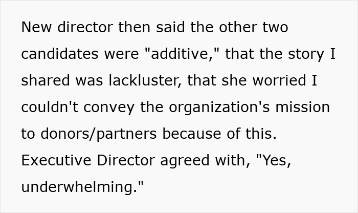 Text excerpt showing criticism by a new director and executive director about a candidate’s interview story being underwhelming. Text excerpt showing criticism by a new director and executive director about a candidate’s interview story being underwhelming.