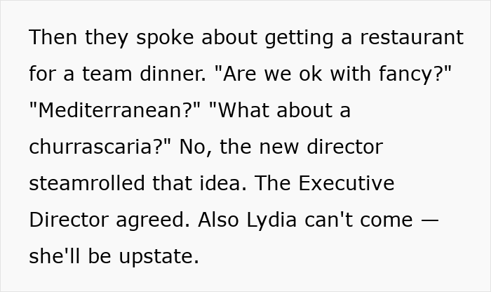 Text excerpt discussing team dinner plans and director decisions, relating to woman getting an email about a second interview and video file. Text excerpt discussing team dinner plans and director decisions, relating to woman getting an email about a second interview and video file.