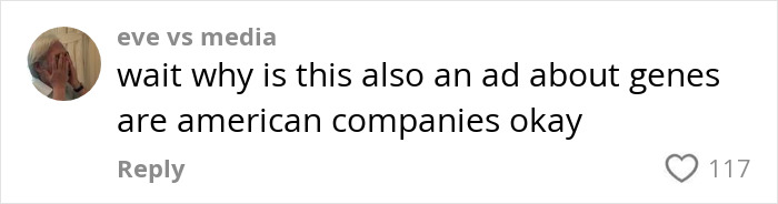 Comment expressing discomfort about an ad celebrating genetics, sparking discussion on woke outrage and American companies. Comment expressing discomfort about an ad celebrating genetics, sparking discussion on woke outrage and American companies.