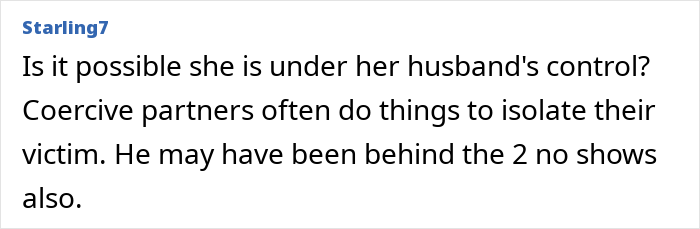 Text comment about woman turning flaky, missing a friend's wedding, and sending a malicious voicemail discussing possible control by partner. Text comment about woman turning flaky, missing a friend's wedding, and sending a malicious voicemail discussing possible control by partner.