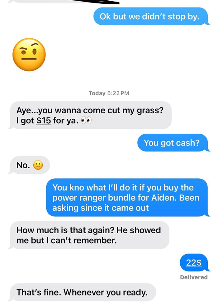 Text message exchange showing a woman negotiating payment for mowing grass, highlighting conflict over mowing an ex's lawn. Text message exchange showing a woman negotiating payment for mowing grass, highlighting conflict over mowing an ex's lawn.