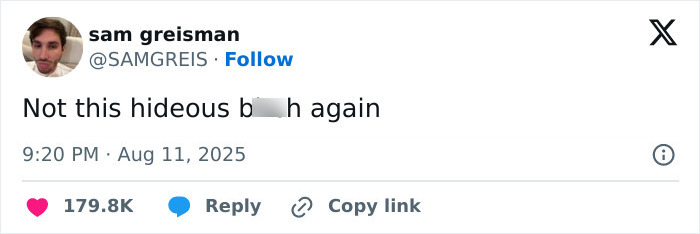 Tweet by Sam Greisman expressing strong negative opinion, related to Andy Cohen's viral roast of anti-LGBTQ activist Kim Davis. Tweet by Sam Greisman expressing strong negative opinion, related to Andy Cohen's viral roast of anti-LGBTQ activist Kim Davis.