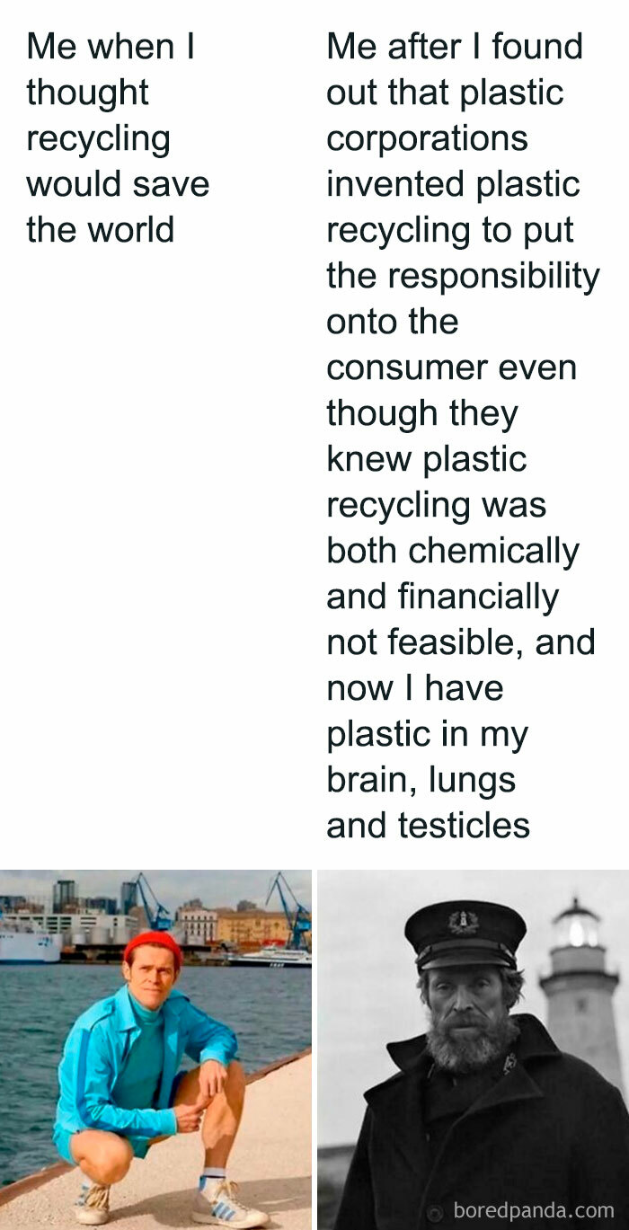 Two contrasting images showing consumerism impact, one hopeful about recycling and one disillusioned by plastic corporations.