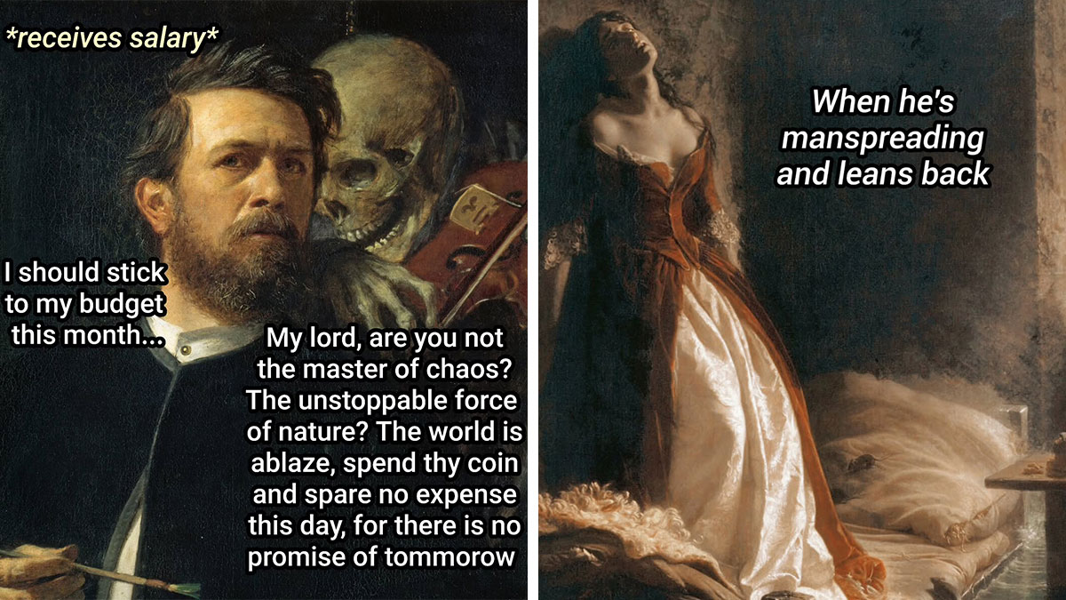 Two classical paintings humorously captioned as memes highlighting spending and manspreading, perfect for art meme content.