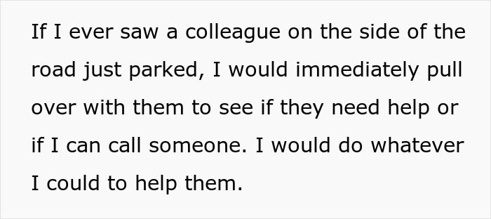 Alt text: Employee misses work due to flat tire, showing support and concern from a general manager helping on the roadside.