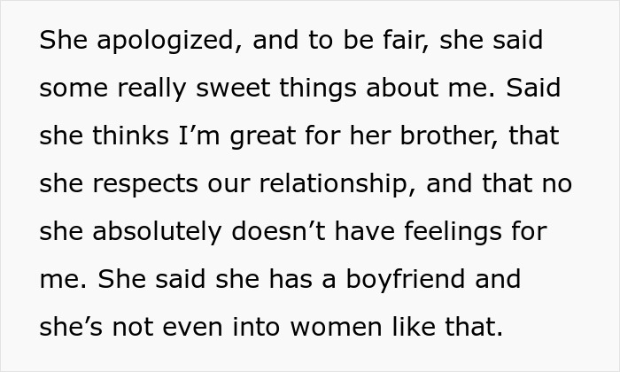 Text excerpt explaining a girlfriend’s confusion and feelings after boyfriend’s sister hits on her as a relationship test. Text excerpt explaining a girlfriend’s confusion and feelings after boyfriend’s sister hits on her as a relationship test.