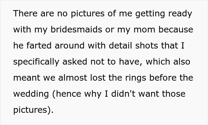 Text about bride disappointed with $3K wedding photographer for unwanted detail shots and missing ring photos. Text about bride disappointed with $3K wedding photographer for unwanted detail shots and missing ring photos.