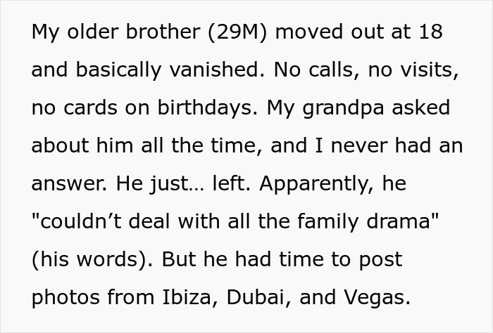 Text excerpt about 21-year-old caring for grandpa while older brother vanished and demands his share, causing family tension. Text excerpt about 21-year-old caring for grandpa while older brother vanished and demands his share, causing family tension.