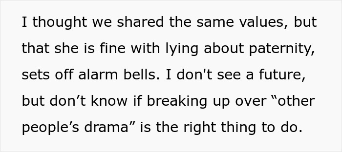Text discussing concerns about lying about paternity and the impact on relationships involving affair pregnancy and boyfriends. Text discussing concerns about lying about paternity and the impact on relationships involving affair pregnancy and boyfriends.