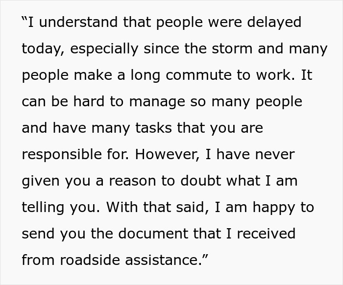 Alt text: Employee misses work due to flat tire, GM checks and sends roadside assistance document to confirm situation.