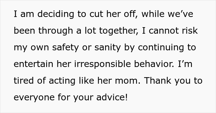Text about a teen deciding to cut off her best friend due to safety and sanity concerns after irresponsible behavior. Text about a teen deciding to cut off her best friend due to safety and sanity concerns after irresponsible behavior.