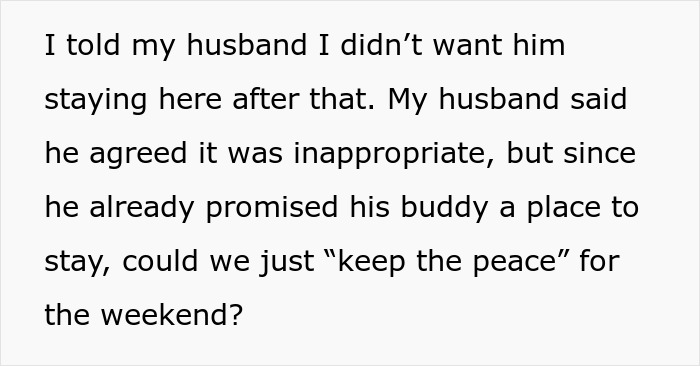 Wife and husband discuss uncomfortable friend’s compliment, wife insists on hotel stay, husband disagrees with the decision. Wife and husband discuss uncomfortable friend’s compliment, wife insists on hotel stay, husband disagrees with the decision.