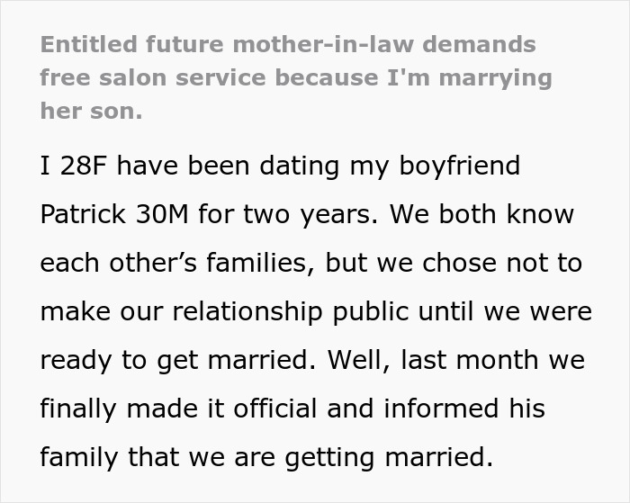Future mother-in-law demanding free salon service before marriage due to upcoming wedding plans with her son.