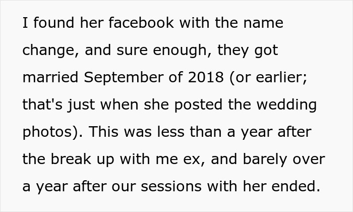 Text excerpt discussing a couple's therapist whose actions impact mental health before marrying the man involved. Text excerpt discussing a couple's therapist whose actions impact mental health before marrying the man involved.