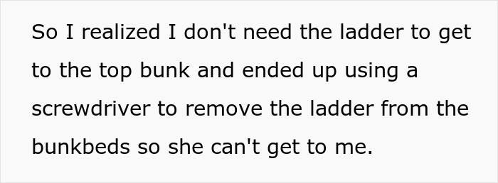 Text showing a teen explaining how they used a screwdriver to remove the ladder from a bunk bed to block a clingy niece. Text showing a teen explaining how they used a screwdriver to remove the ladder from a bunk bed to block a clingy niece.