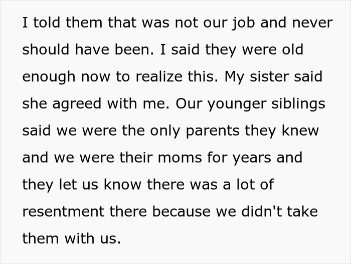 Text excerpt discussing the complex relationship between siblings, sister, and mom involving parental roles and resentment. Text excerpt discussing the complex relationship between siblings, sister, and mom involving parental roles and resentment.