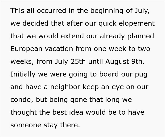Text excerpt describing a couple’s extended European vacation and plans to have someone stay at their condo.